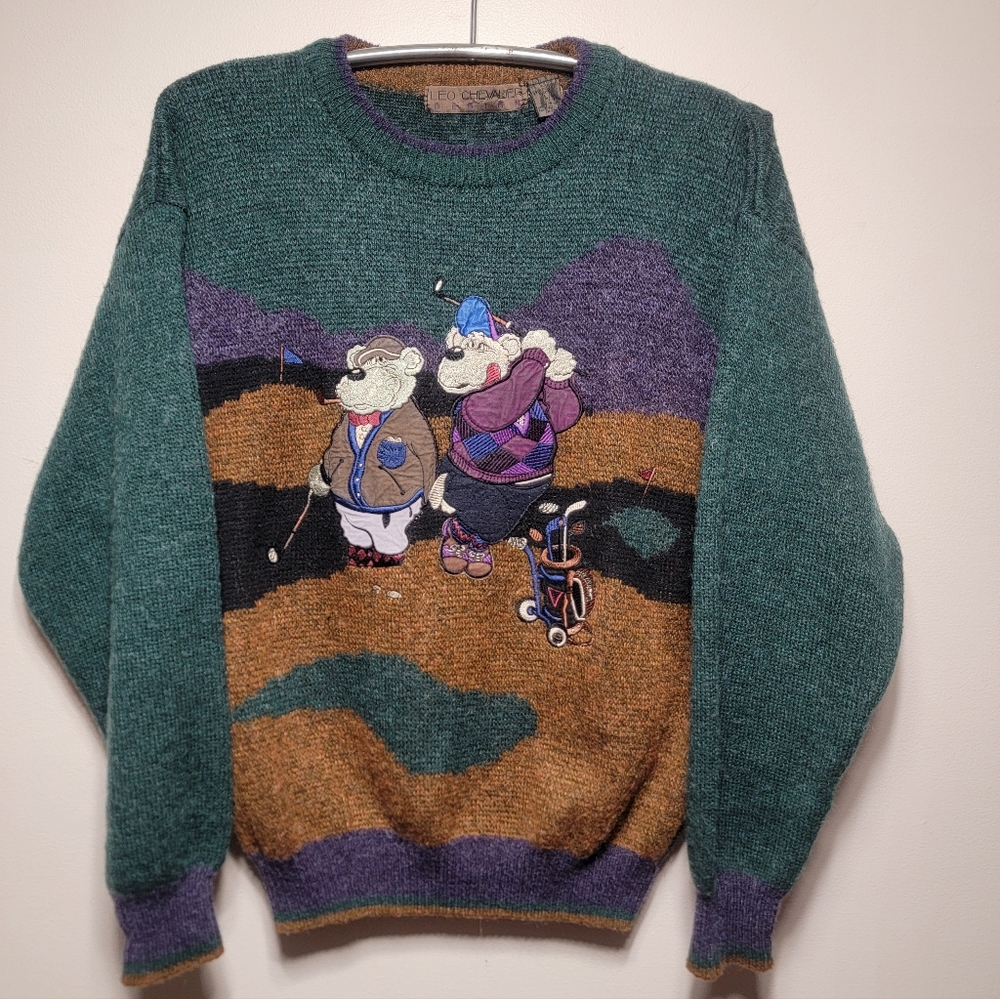 Vintage 90s Golfing Bears Knit Sweater Size Large